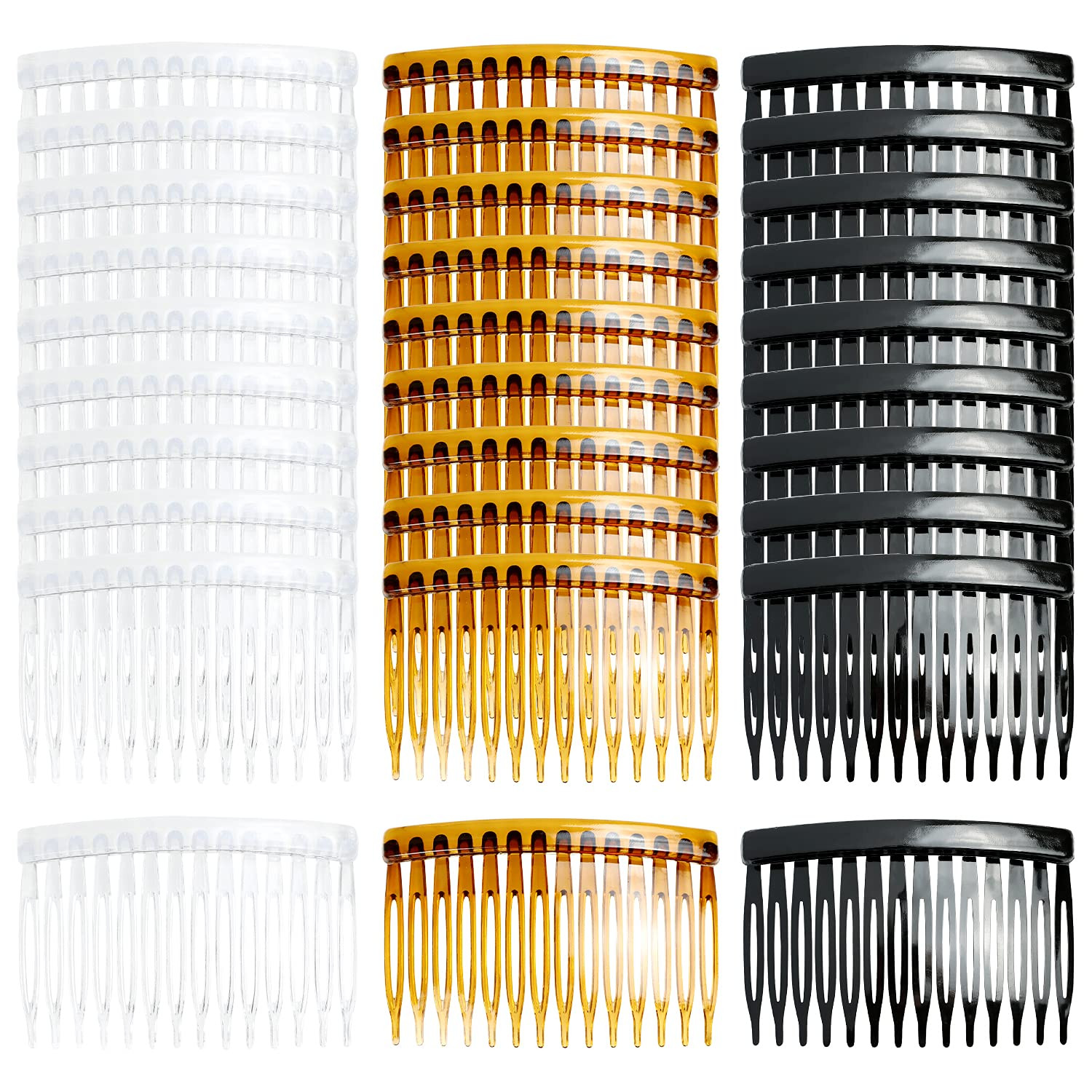30 Pack Clear White Black Brown Plastic Hair Side Combs Slide Bun Holder with 14