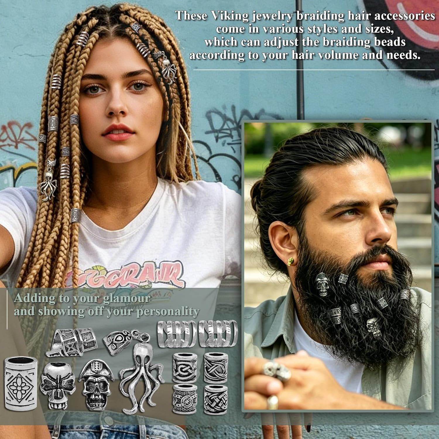 Fscwlmon 207Pcs Viking Hair Jewelry Nordic Runes Tube Beads,Accessories Kit for