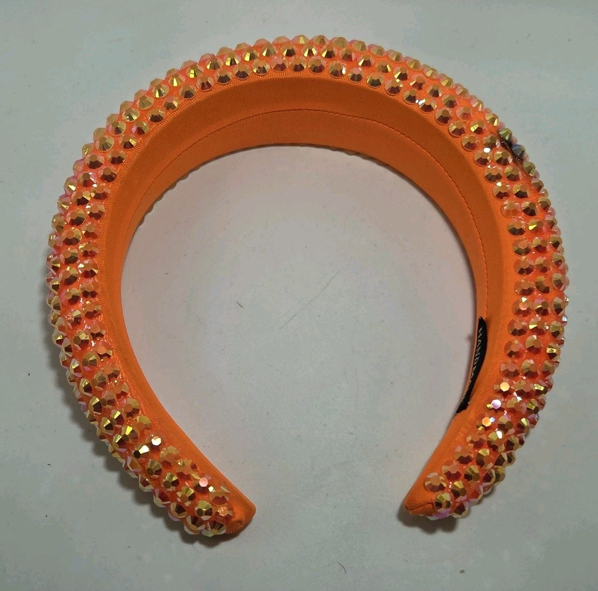 Neon Orange Padded Fabric Headband Hair Accessory W/Rhinestone Bling Handmade