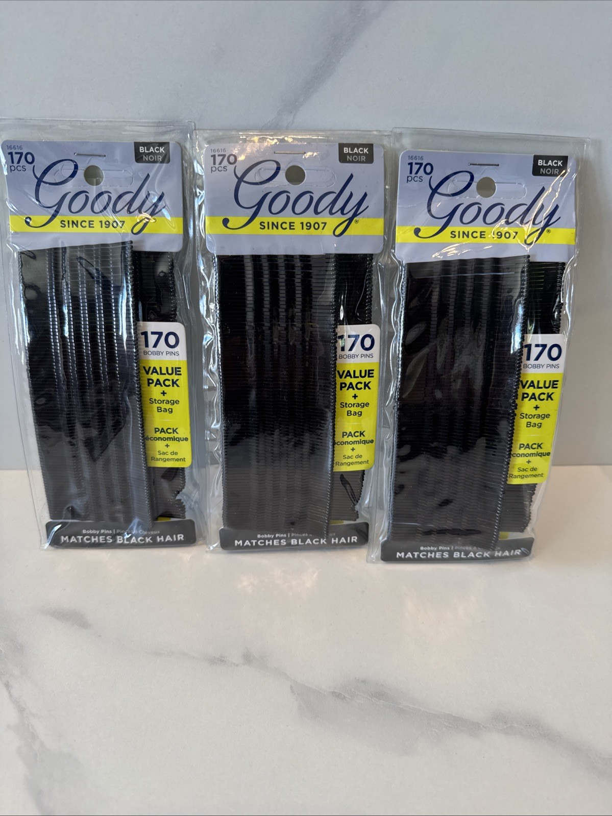 Goody Black Bobby Pins Lot of 3 Packs w/ Storage Bags 170 Count Each – 510 Total