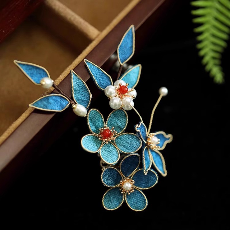10.5cm Retro Blue Manual Hairpin Exquisitely Chinese Style Headwear Women