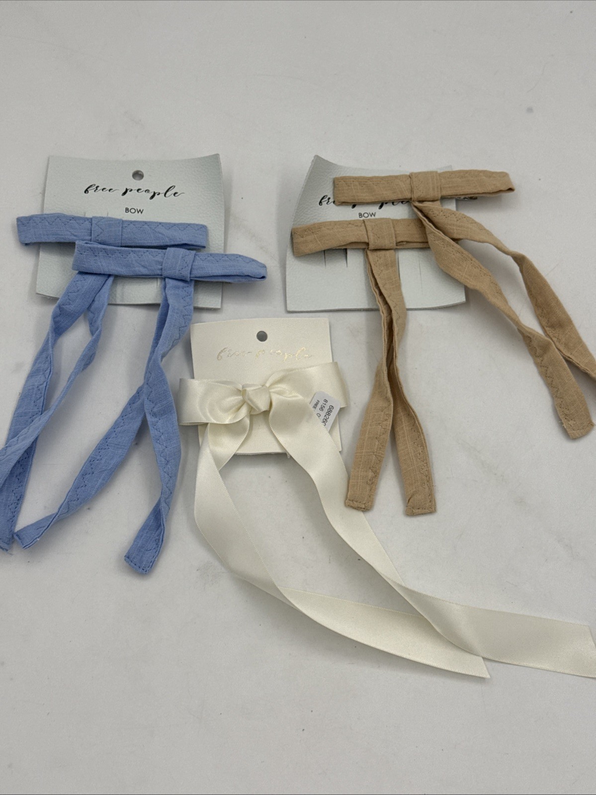(3) Free People Bow Hair Clips Satin White Blue & Beige NWT