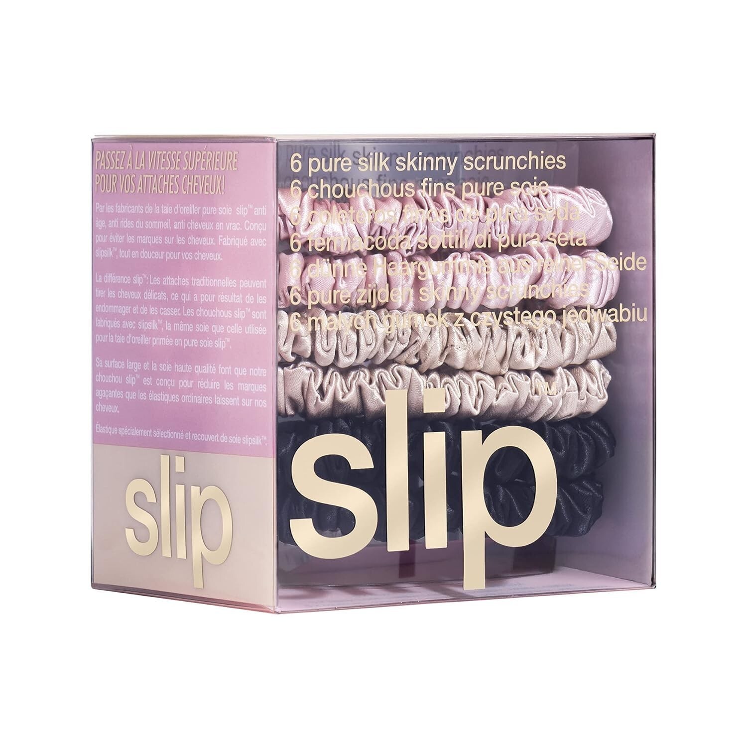Slip Silk Skinnie Scrunchies in Black, Pink, & Caramel Elastic Scrunch Set of 6