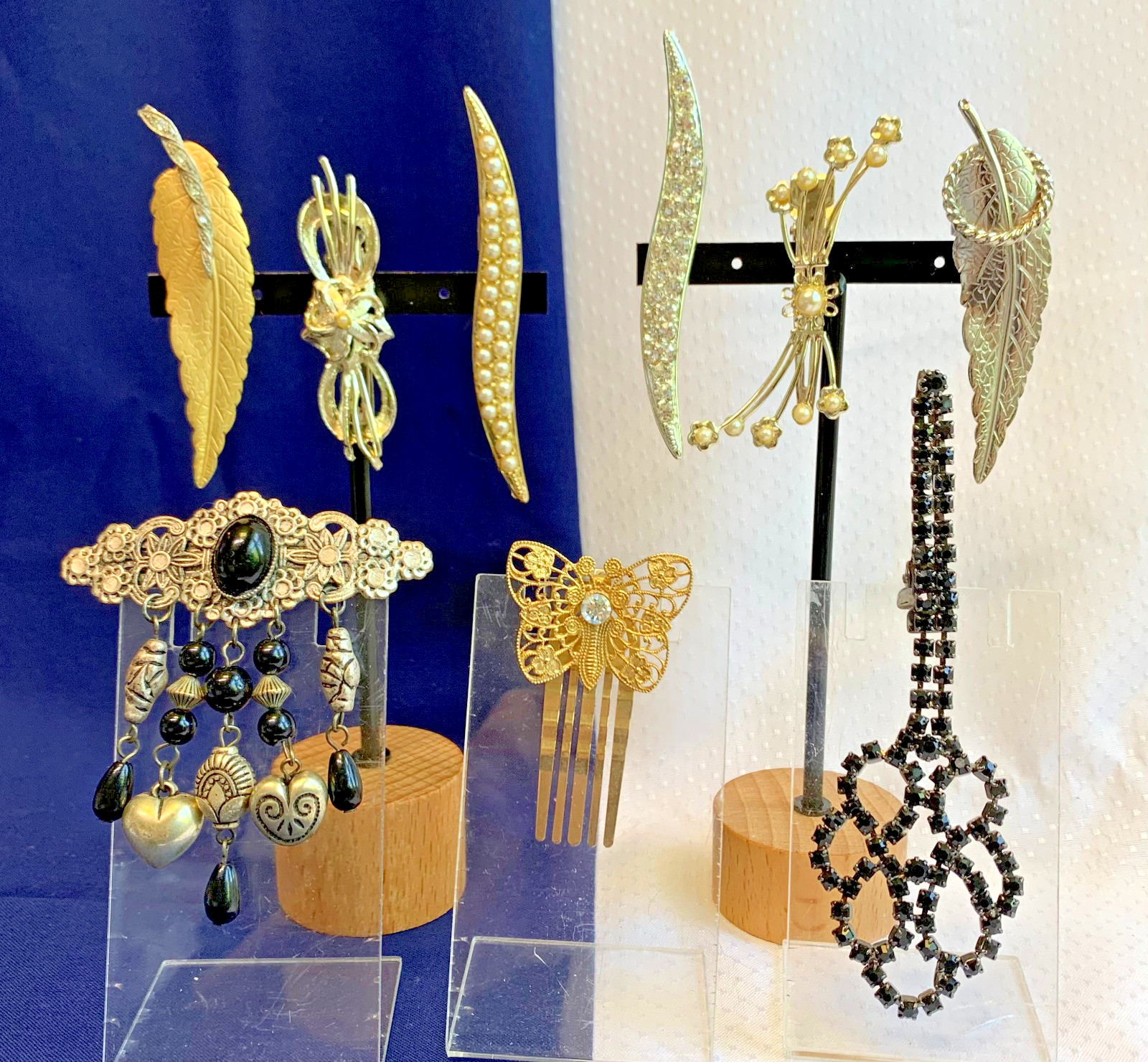 Vtg Hair Clip Lot Barrettes Accessories Faux Onyx / Pearl / Rhinestones