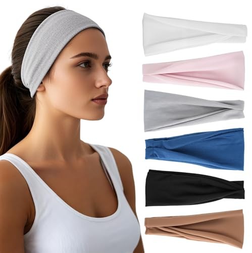 Headbands for Women – 6 Pack Wide Elastic Hair Grey/Navy/Brown/White/Pink/Black