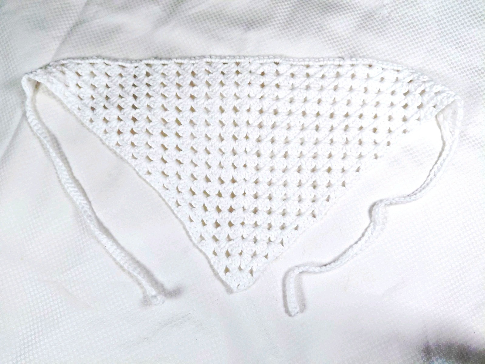 White Cotton Crochet Bandana Hat Solid Pattern Tie Chin Strap Unisex One Size