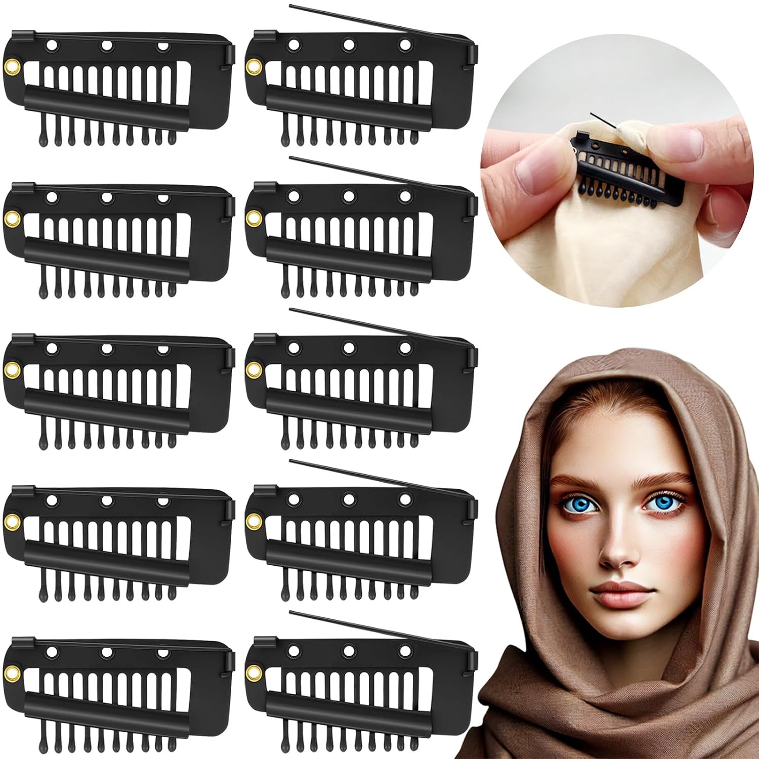 10 Pcs Safety Pin Snap-Comb Hair Clips for Securing Dupatta, Turban, Scarf,