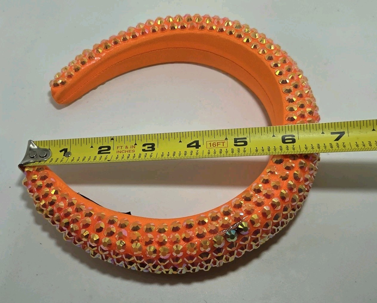 Neon Orange Padded Fabric Headband Hair Accessory W/Rhinestone Bling Handmade