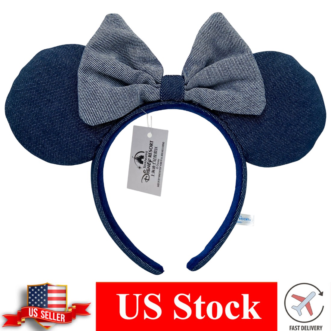 Disney-Parks Resort Store Minnie Stripe Denim Like Blue Mouse Ears Headband