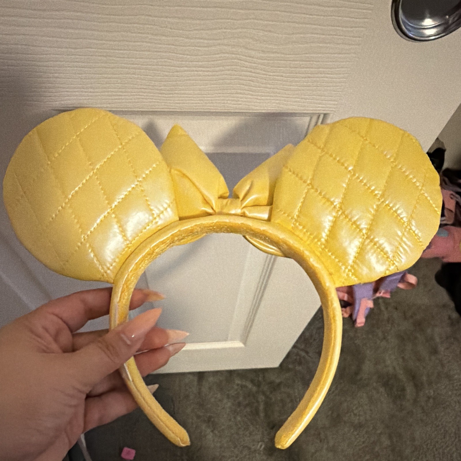 Minnie Mouse Ears Headband Faux Leather Yellow Quilted Bow Padded