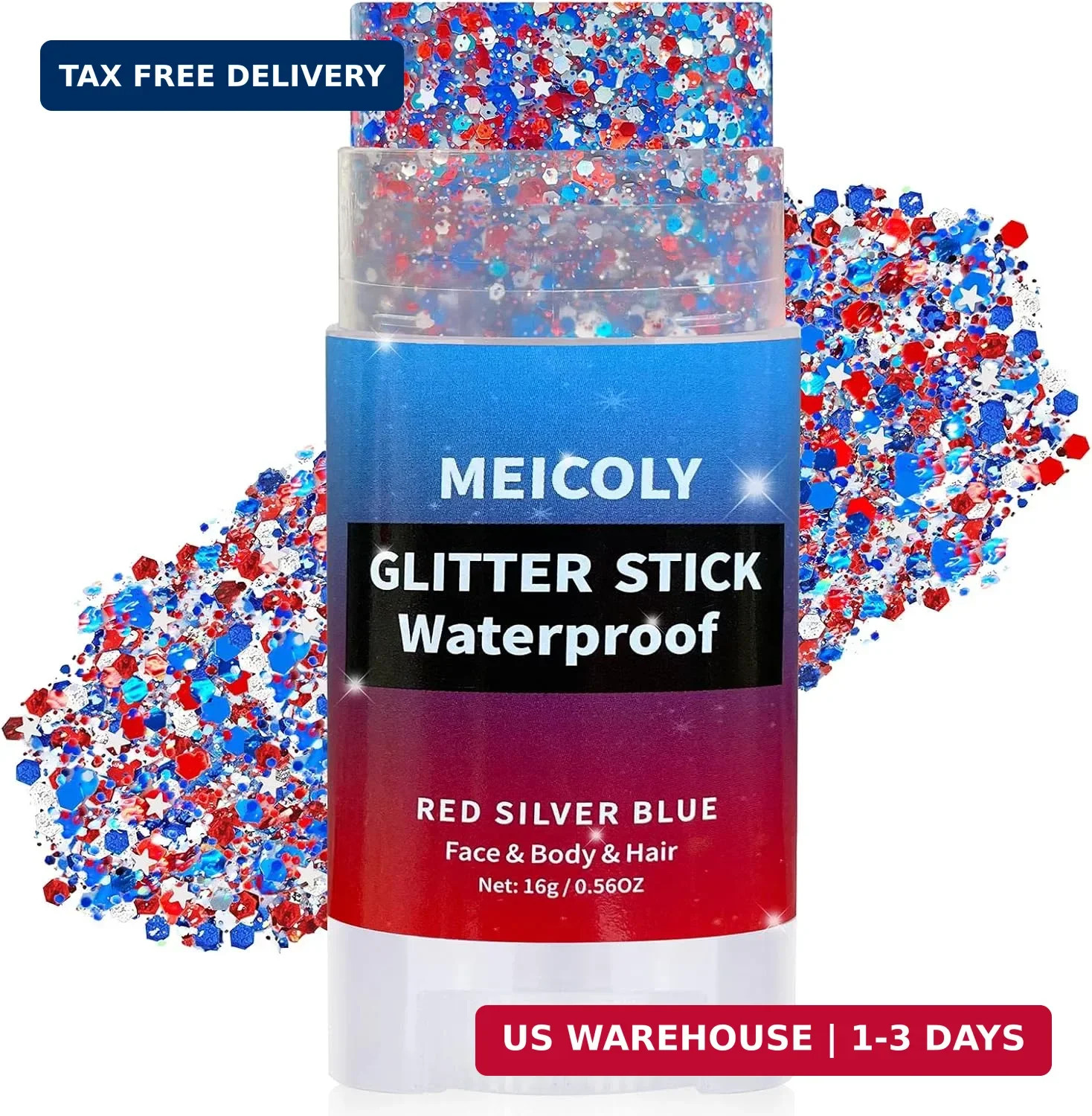 MEICOLY 4th of July Hair Glitter Stick,Red White Blue Face Glitter Stick with St