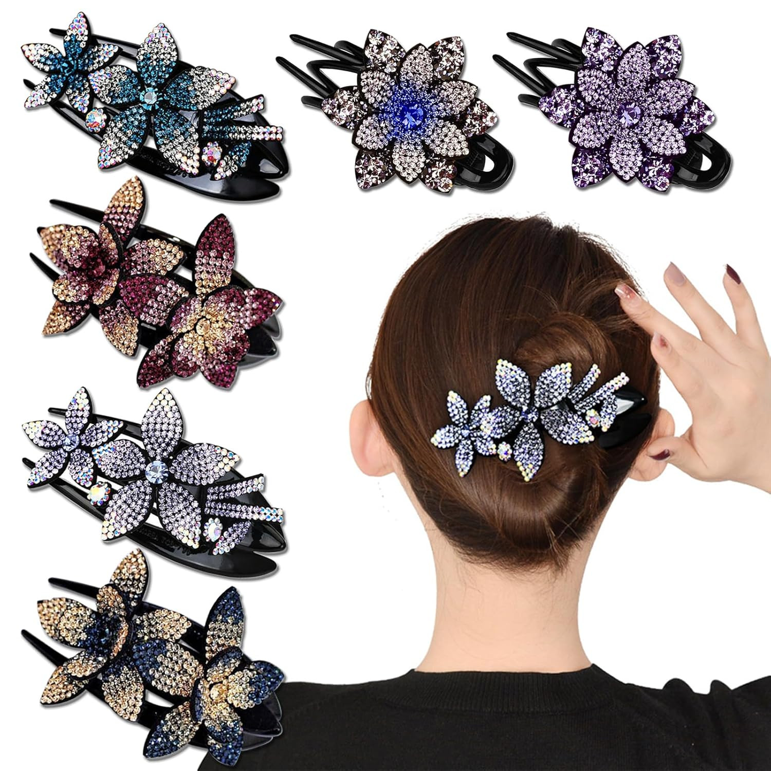 6 Pack Rhinestone Double Flower Hair Clip for Women Girls, Crystal Duckbill C…