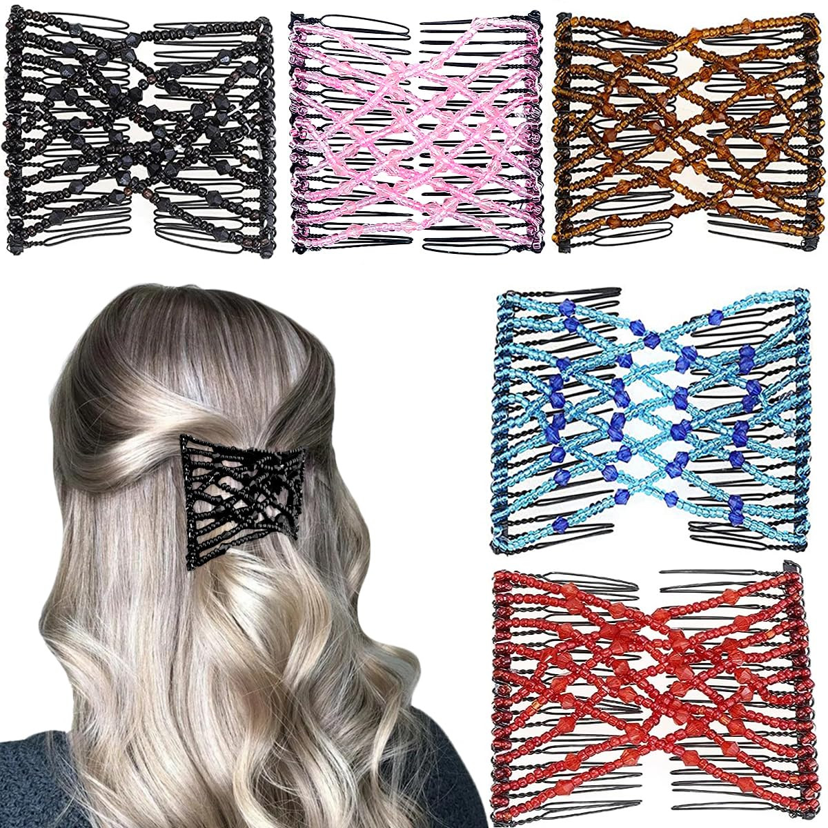 5 Pieces Elastic Magic Hair Comb Stretchy Double Comb Hair Forks Clips for Women