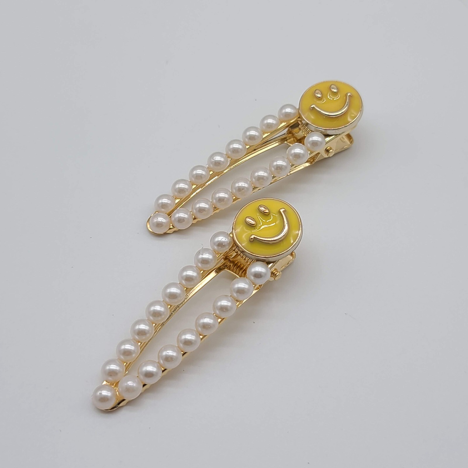 Gold Hairclip Set, White Pearls & Yellow Enamel Smiley Faces
