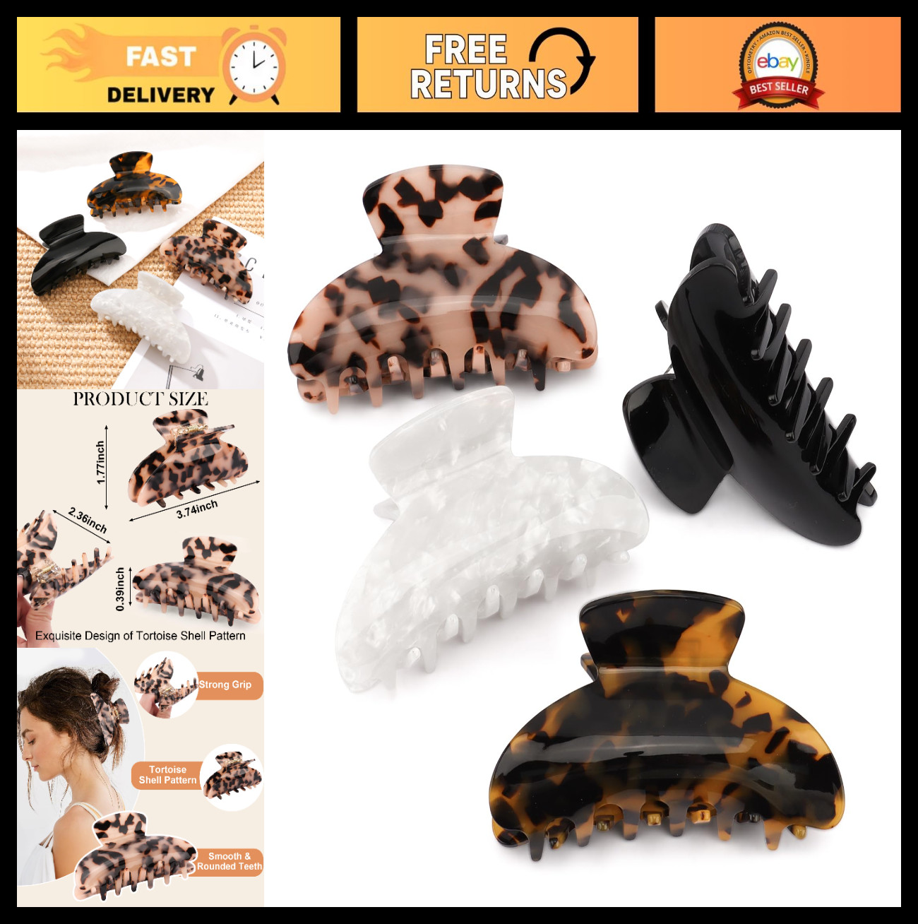 4Pcs Tortoise Shell Non-Slip Hair Claw Clips for Women – Leopard Design, Medium