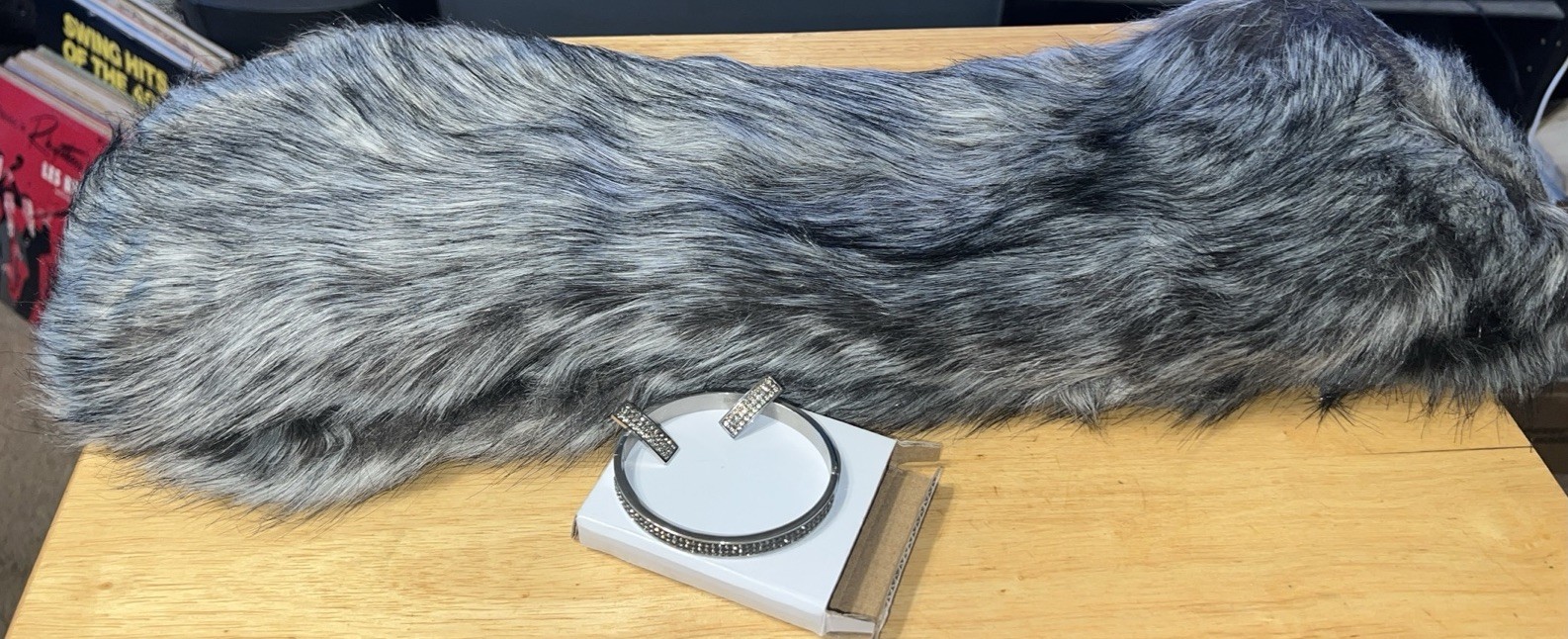 Faux Fur Gray 40 Inch Long Stole Winter Accessory, Bracelet, and Earrings Set