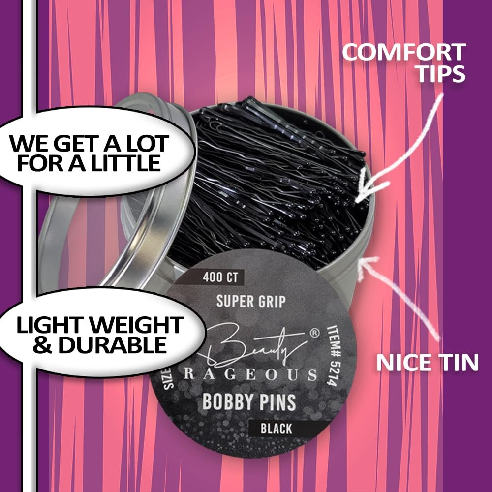 Super Grip Bobby Pins 1.9 in Black – 400 Ct Reusable Tin Strong Non-Slip