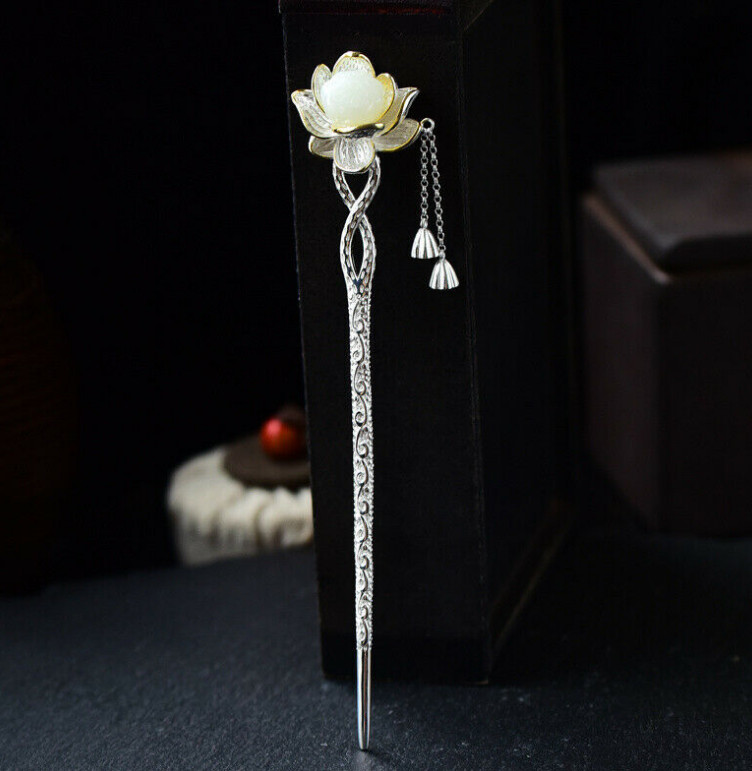 Hanfu Hair Stick Retro S925 Silver Chinese Hetian Jade Lotus Hairpin #new