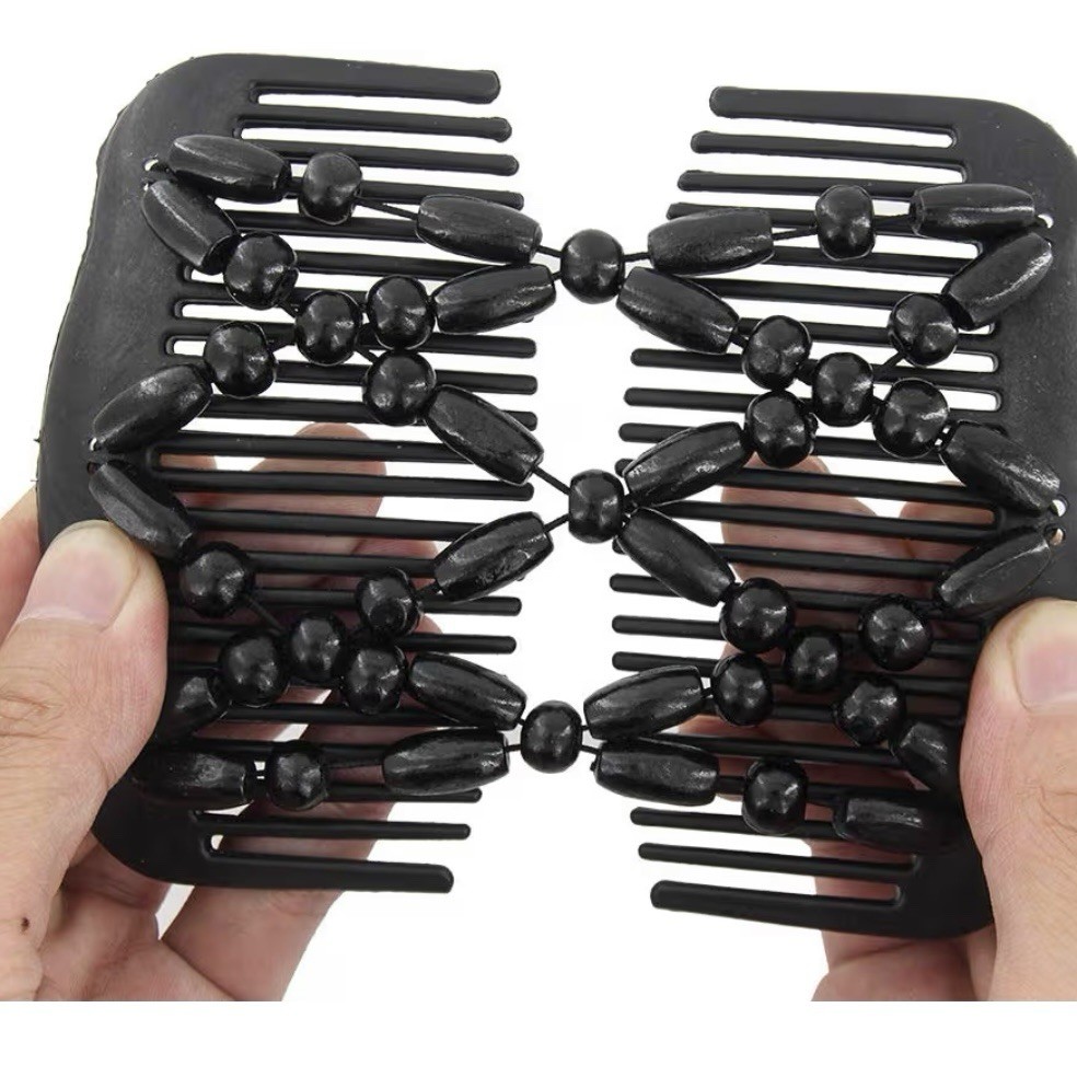 Magic Hair Side Combs For Women Wood Beaded Stretch Double Clips Bun Maker Hair